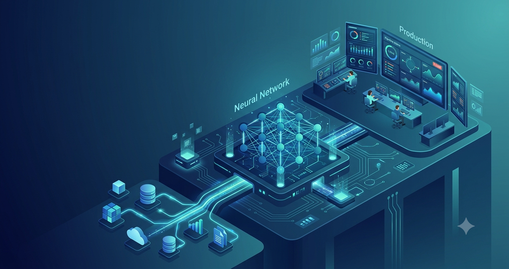 Isometric illustration of an enterprise data-to-production ML pipeline in blue and teal