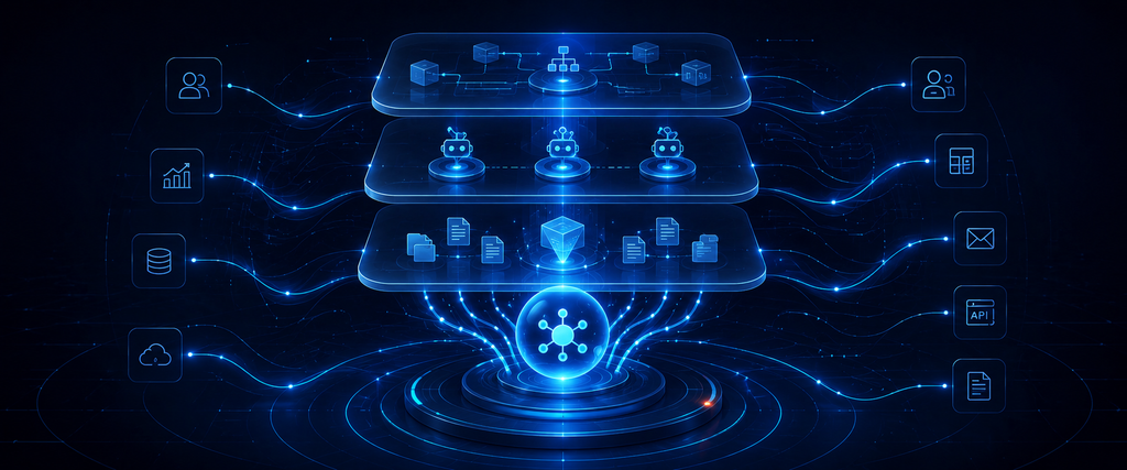 Intelligent automation stack diagram showing workflow, RPA, AI, and agent layers connected in a modern flat illustration.